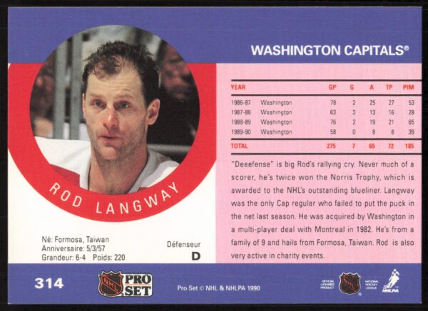 1990-91 Pro Set NHL Rod Langway #314 (Back)