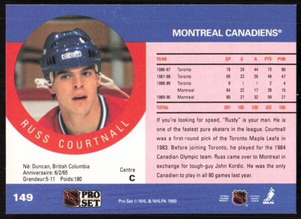 1990-91 Pro Set NHL Russ Courtnall #149 (Back)