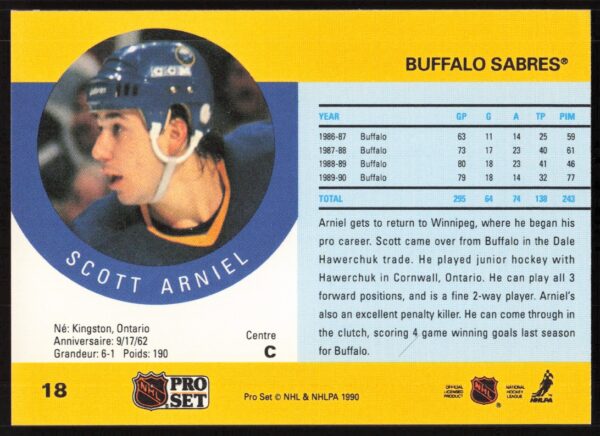 1990-91 Pro Set NHL Scott Arniel (Error on Back - Photo Incorrect) #18 (Back)