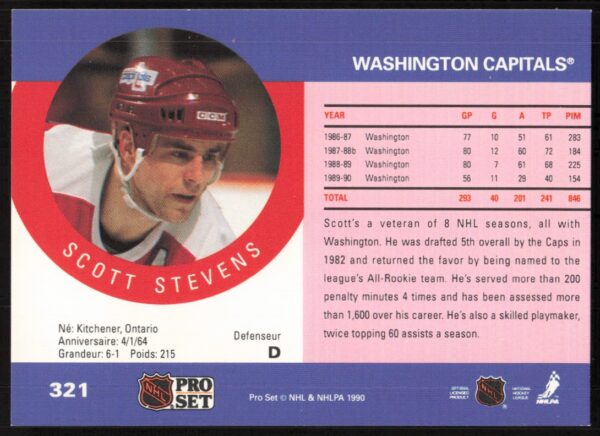 1990-91 Pro Set NHL Scott Stevens #321 (Back)