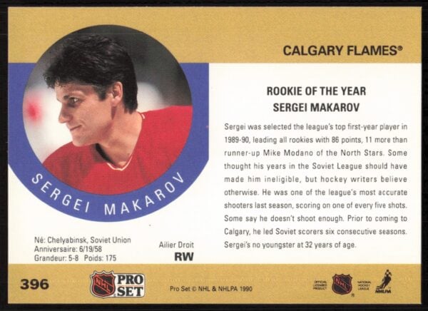 1990-91 Pro Set NHL Sergei Makarov #396 (Back)