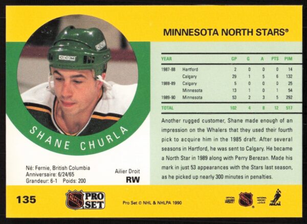 1990-91 Pro Set NHL Shane Churla #135 (Back)