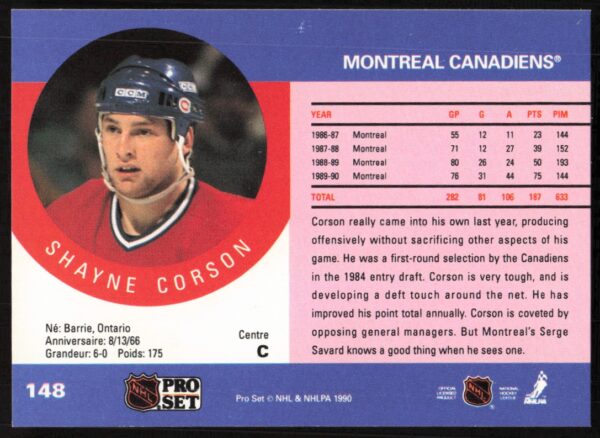 1990-91 Pro Set NHL Shayne Corson #148 (Back)