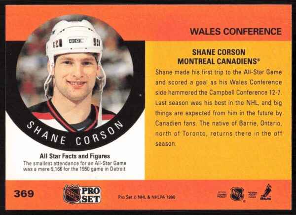 1990-91 Pro Set NHL Shayne Corson (Error on Front - First Name Misspelled) #369 (Back)