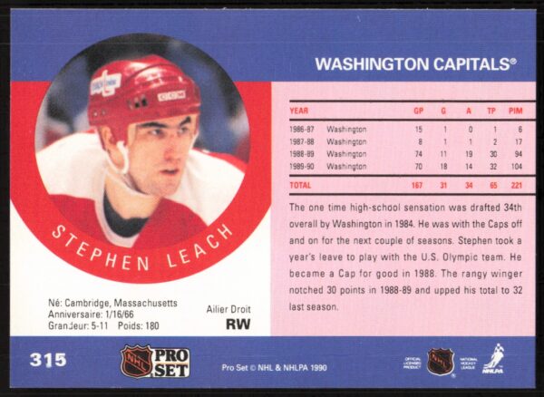 1990-91 Pro Set NHL Stephen Leach #315 (Back)