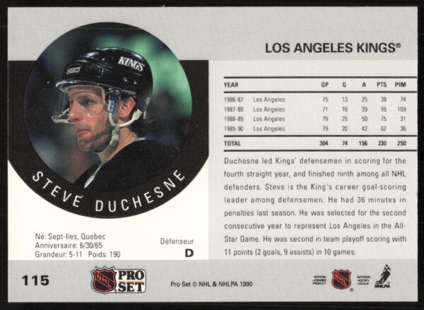 1990-91 Pro Set NHL Steve Duchesne #115 (Back)