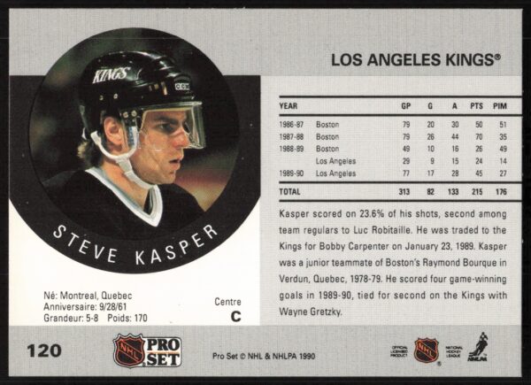 1990-91 Pro Set NHL Steve Kasper #120 (Back)