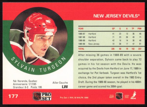 1990-91 Pro Set NHL Sylvain Turgeon #177 (Back)