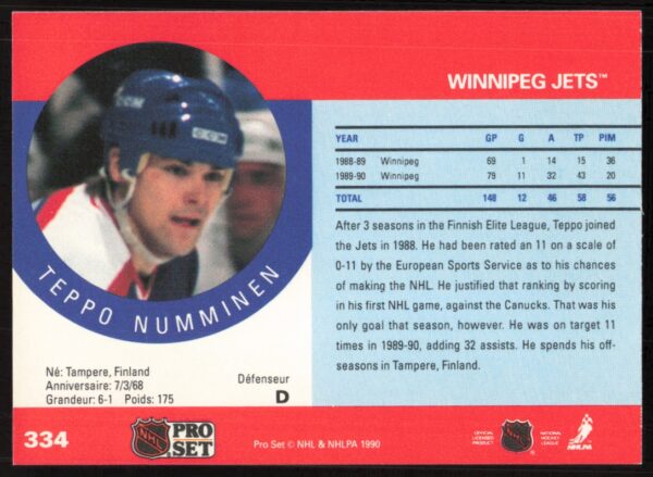 1990-91 Pro Set NHL Teppo Numminen #334 (Back)