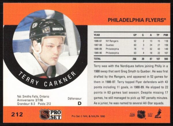 1990-91 Pro Set NHL Terry Carkner #212 (Back)