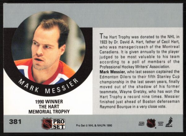 1990-91 Pro Set NHL The Hart Memorial Trophy AW #381 (Back)