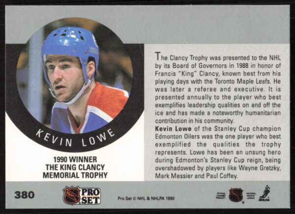 1990-91 Pro Set NHL The King Clancy Memorial Trophy AW #380 (Back)