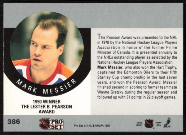 1990-91 Pro Set NHL The Lester B. Pearson Award AW #386 (Back)