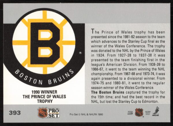 1990-91 Pro Set NHL The Prince of Wales Trophy AW #393 (Back)