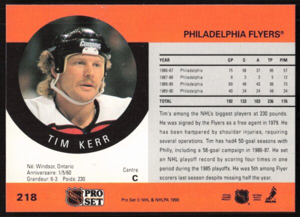 1990-91 Pro Set NHL Tim Kerr #218 (Back)