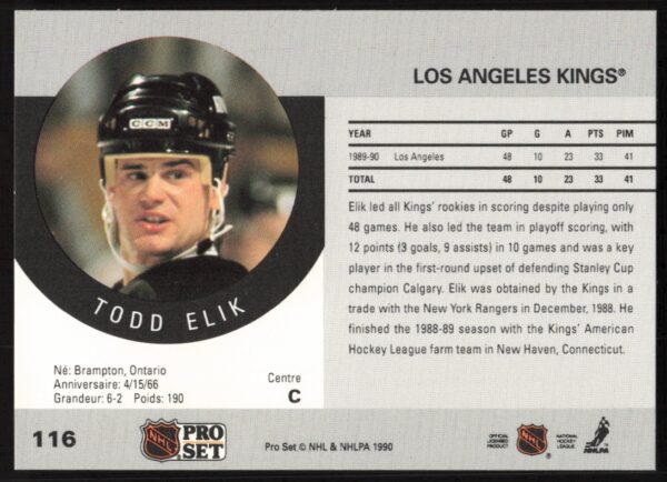 1990-91 Pro Set NHL Todd Elik #116 (Back)