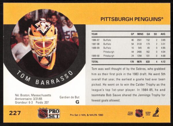 1990-91 Pro Set NHL Tom Barrasso #227 (Back)