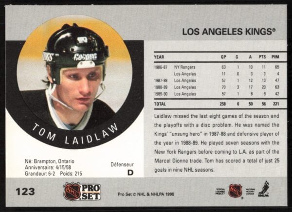 1990-91 Pro Set NHL Tom Laidlaw #123 (Back)