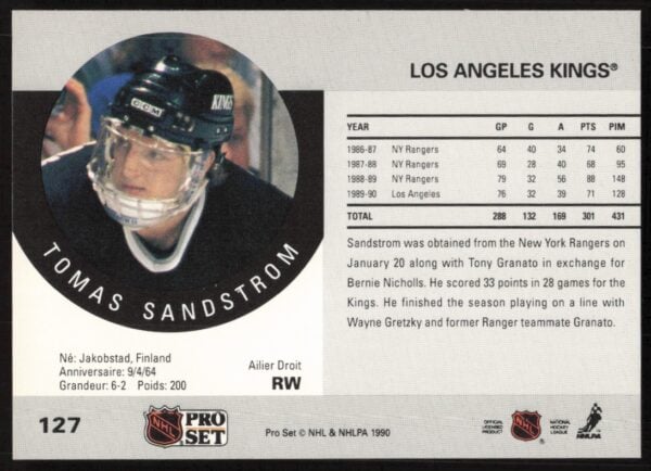 1990-91 Pro Set NHL Tomas Sandstrom #127 (Back)