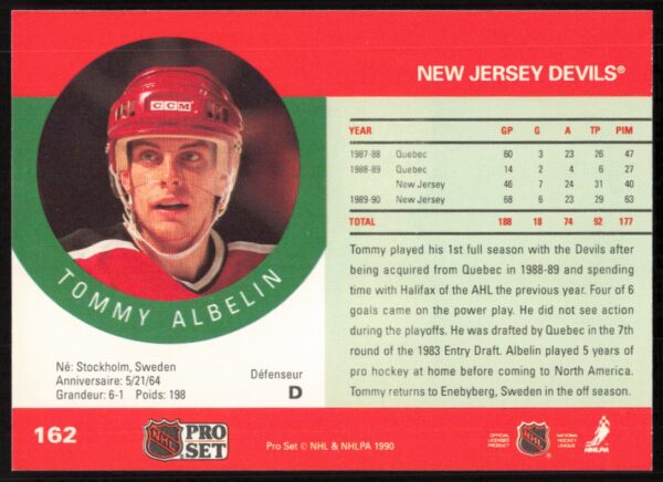 1990-91 Pro Set NHL Tommy Albelin #162 (Back)