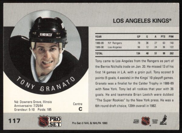 1990-91 Pro Set NHL Tony Granato #117 (Back)