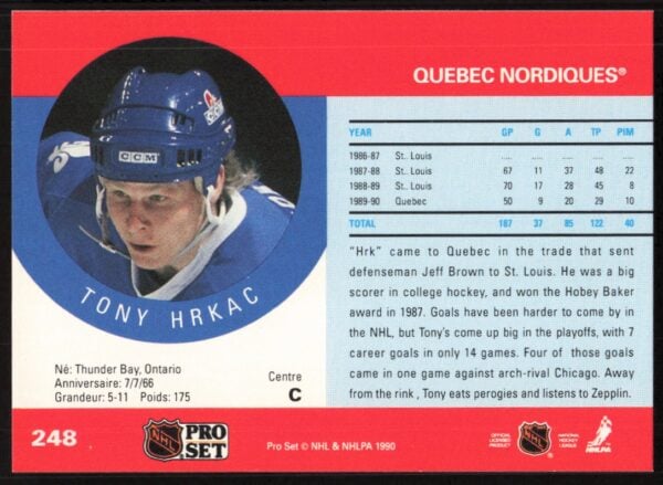 1990-91 Pro Set NHL Tony Hrkac #248 (Back)