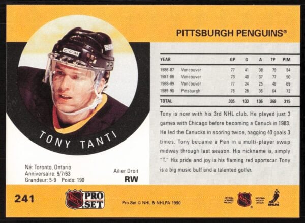 1990-91 Pro Set NHL Tony Tanti #241 (Back)