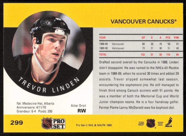 1990-91 Pro Set NHL Trevor Linden #299 (Back)