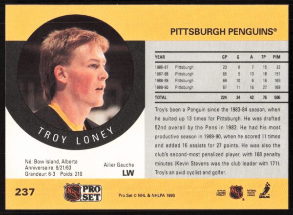 1990-91 Pro Set NHL Troy Loney #237 (Back)