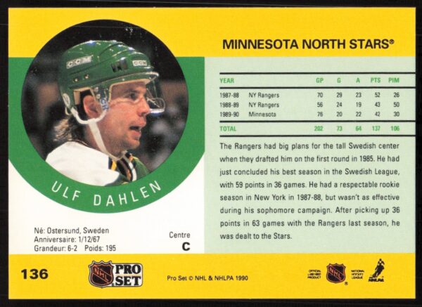 1990-91 Pro Set NHL Ulf Dahlen #136 (Back)