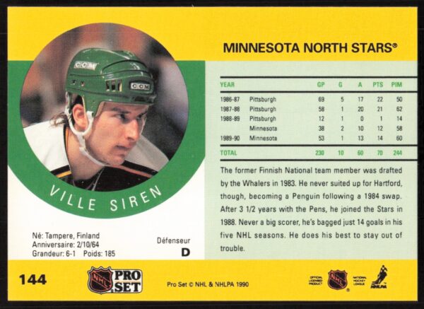 1990-91 Pro Set NHL Ville Siren #144 (Back)