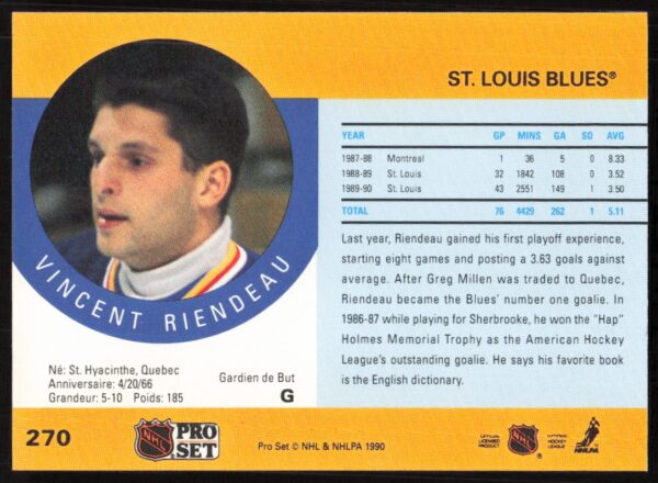 1990-91 Pro Set NHL Vincent Riendeau #270 (Back)