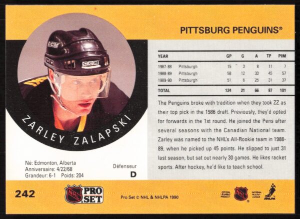 1990-91 Pro Set NHL Zarley Zalapski #242 (Back)