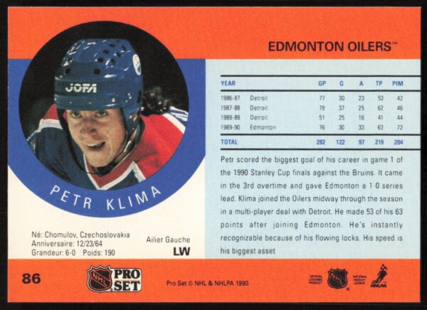 1990-91 Pro Set Petr Klima #86 (Back)