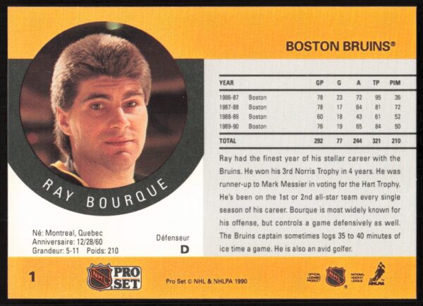 1990-91 Pro Set Ray Bourque #1 (Error on Front - Last Name Misspelled) (Back)