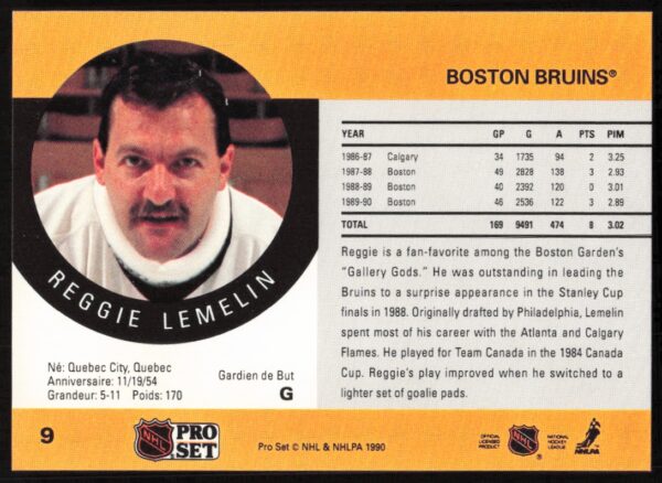 1990-91 Pro Set Reggie Lemelin #9 (Back)