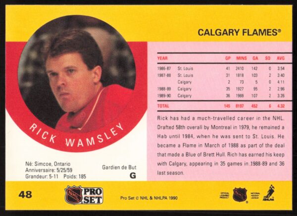 1990-91 Pro Set Rick Wamsley #48 (Back)