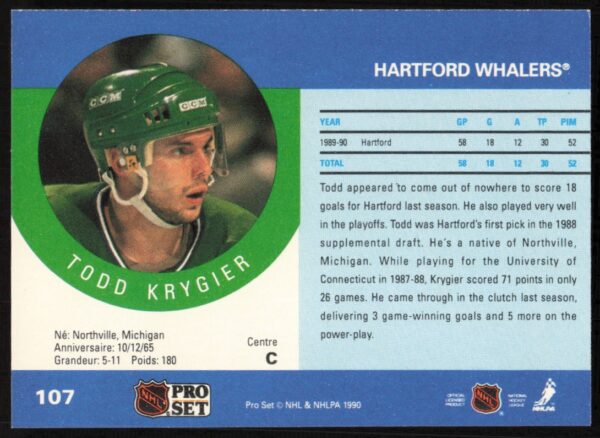 1990-91 Pro Set Todd Krygier #107 (Back)