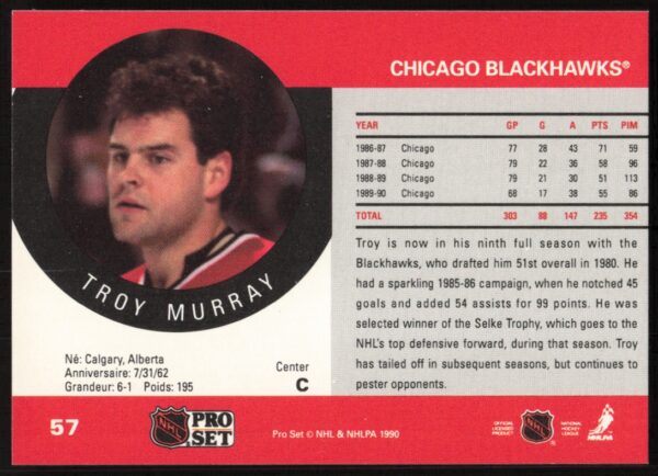 1990-91 Pro Set Troy Murray #57 (Back)