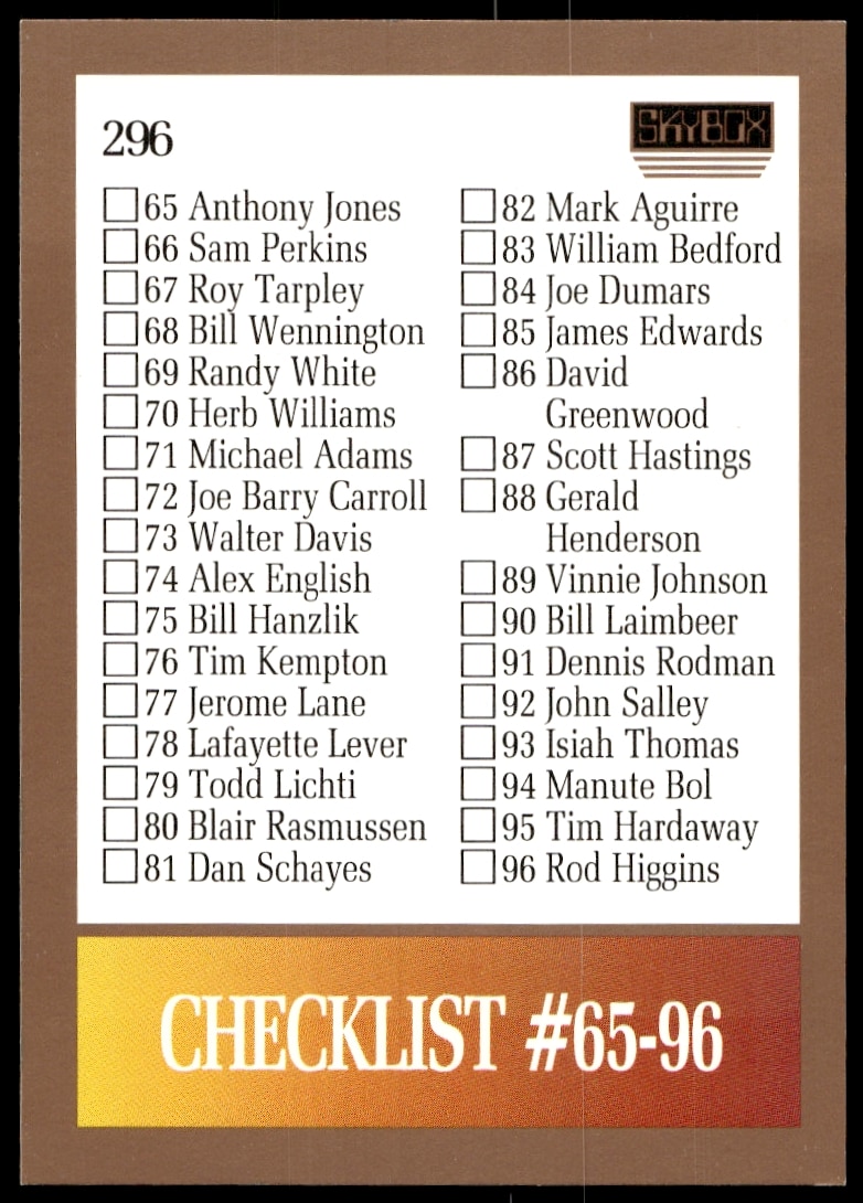 1990-91 SkyBox Checklist: 65-122 #296 (Front)