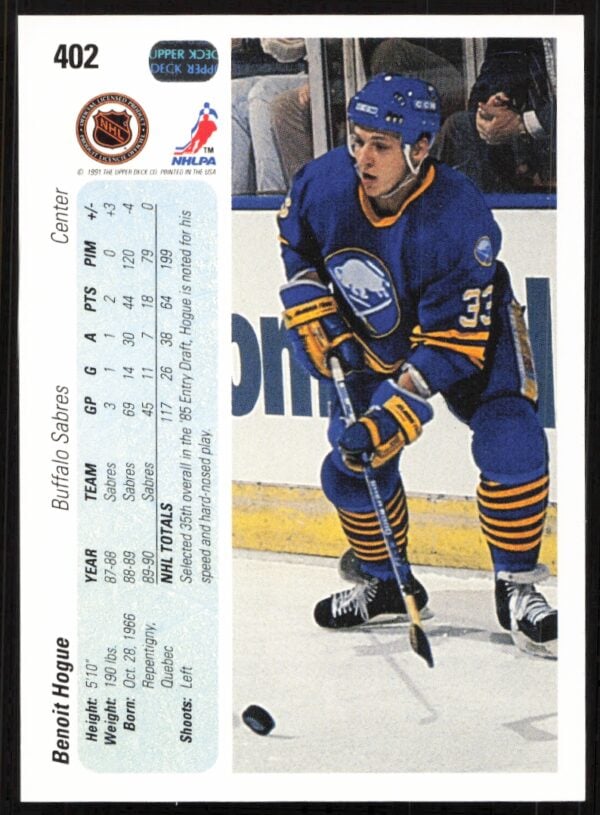 1990-91 Upper Deck Benoit Hogue #402 (Back)