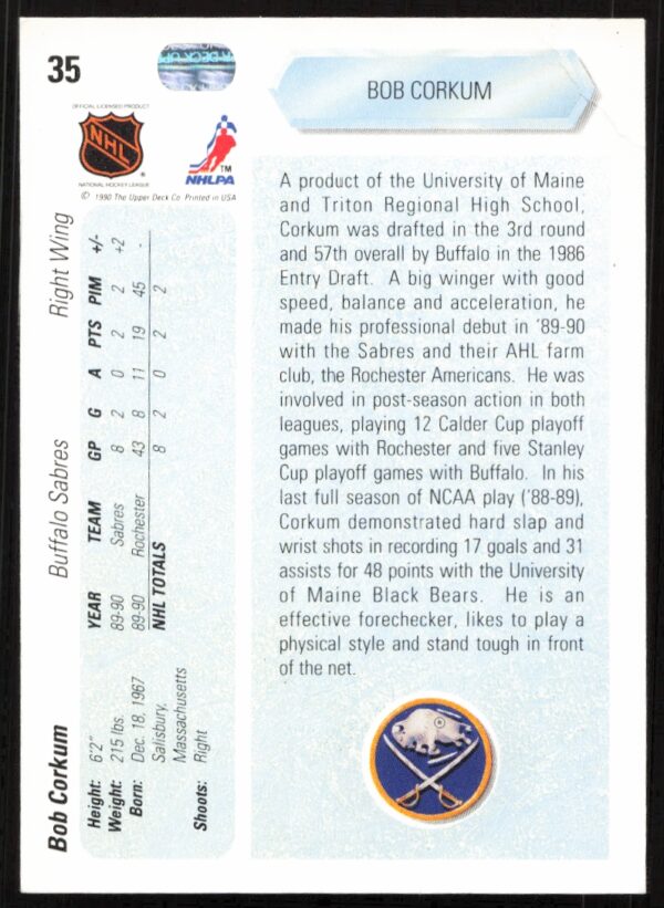 1990-91 Upper Deck Bob Corkum #35 (Back)