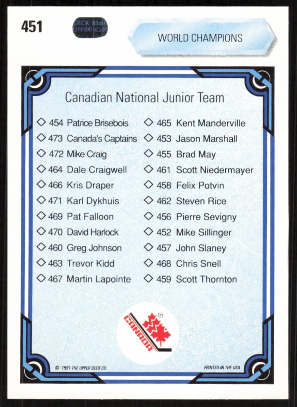 1990-91 Upper Deck Checklist: Canadian National Junior Team #451 (Back)