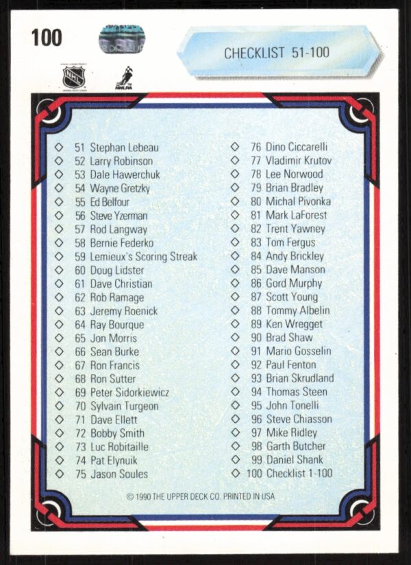 1990-91 Upper Deck Checklist:1 - 100 #100 (Back)