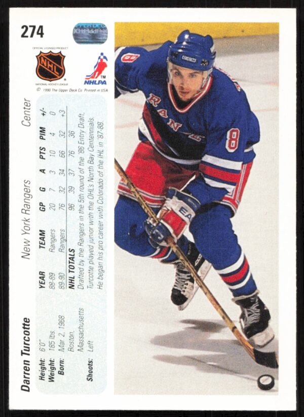 1990-91 Upper Deck Darren Turcotte #274 (Back)