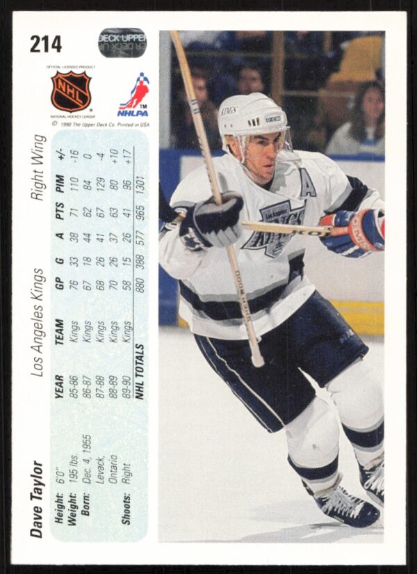 1990-91 Upper Deck Dave Taylor #214 (Back)