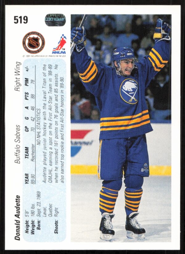 1990-91 Upper Deck Donald Audette #519 (Back)