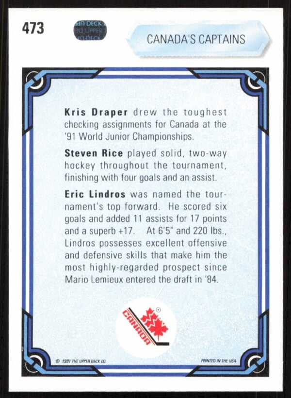 1990-91 Upper Deck Kris Draper / Steven Rice / Eric Lindros Canada's Captains #473 (Back)