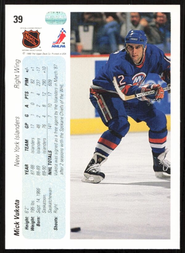 1990-91 Upper Deck Mick Vukota #39 (Back)