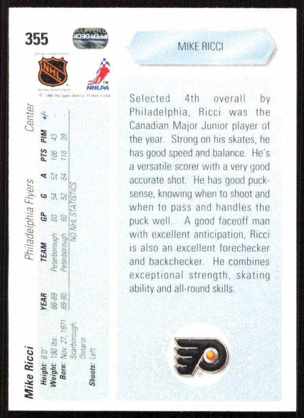 1990-91 Upper Deck Mike Ricci #355 (Back)